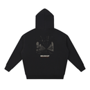 IMUSKOP Under The El Hoodie, black, back mockup with elevated train print
