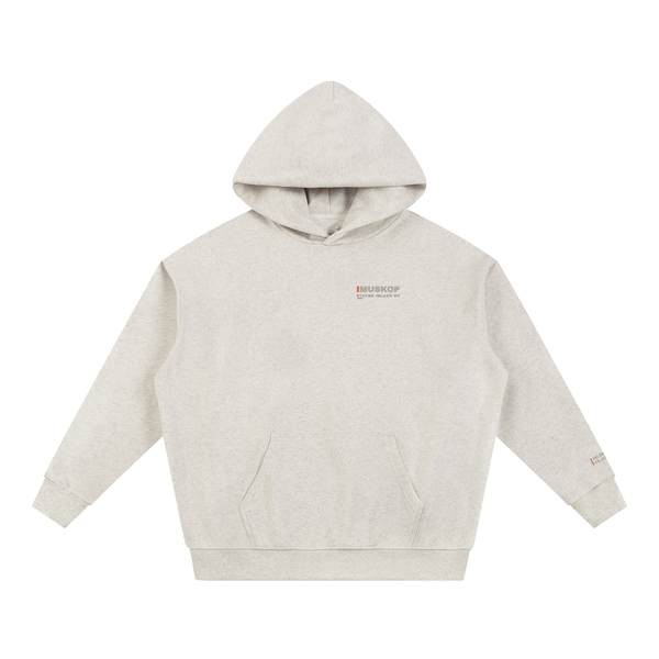 IMUSKOP Staten Island Acrostic Heavyweight Hoodie, oat gray, front with small IMUSKOP / STATEN ISLAND NY mark and orange bar on the left chest, borough coordinates above the left cuff