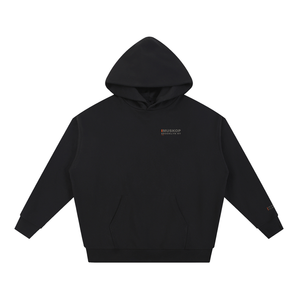 IMUSKOP Brooklyn Acrostic Heavyweight Hoodie, black, front with small IMUSKOP / BROOKLYN NY mark and orange bar on the left chest, borough coordinates above the left cuff