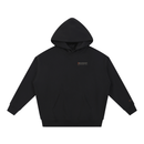 IMUSKOP Queens Acrostic Heavyweight Hoodie, black, front with small IMUSKOP / QUEENS NY mark and orange bar on the left chest, borough coordinates above the left cuff