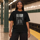 Brooklyn Bridge Flag black tee by IMUSKOP worn by model, front print