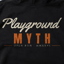 Playground Myth Classic Script Hoodie — print close-up