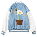 Daisy Flowers Patch Leather Baseball Jacket